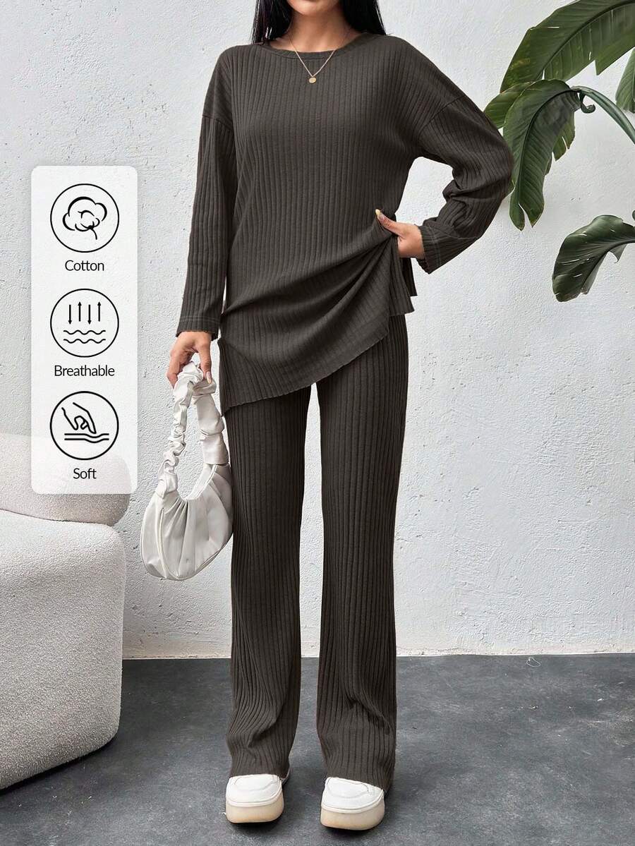 EURMUSE Cotton Drop Shoulder Split Hem Tee & Pants - Chocolate Brown - View 1