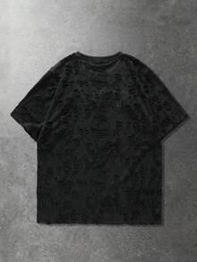 ROMWE MEN 男士休闲街头美式做旧效果英文刺绣短袖T恤 - 黑色 - 查看 2