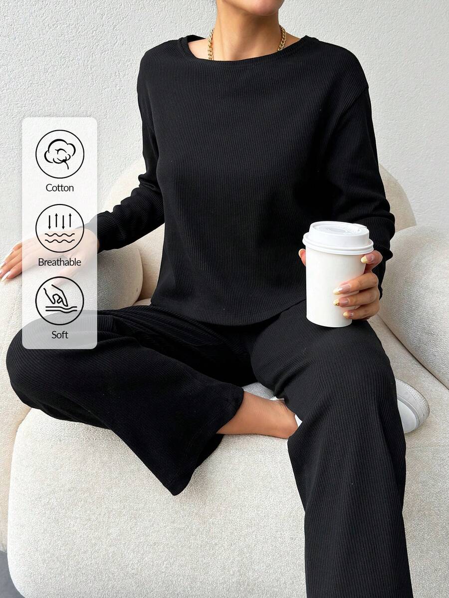 SHEIN PETITE Cotton Women Solid Color Ribbed Tee & Pants - Black - View 1