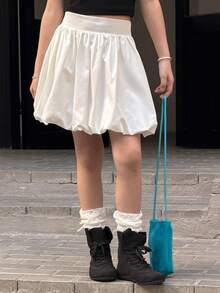 DAZY Tween Girl Solid Color Floral Bud Stylish & Cute Skirt - White - View 4