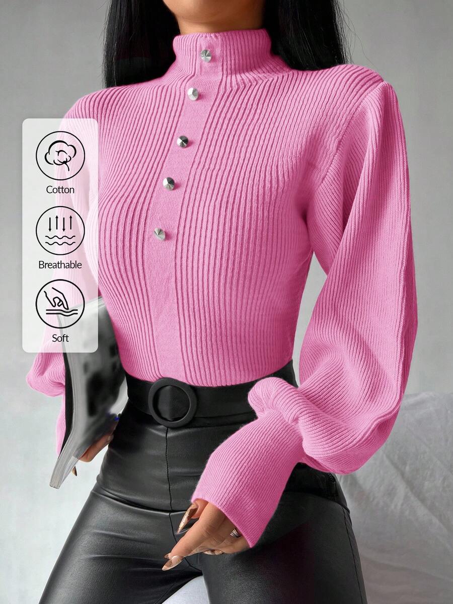 EURMUSE Women's Solid Color Turtleneck Long Sleeve Button Design Sweater, Autumn/Winter - Pink - View 1
