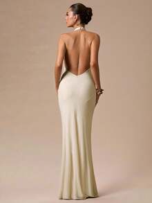 SHEIN BAE Vestido Bodycon Fishtail Decotado Cor de Damasco para Mulheres, Vestido Elegante Cor de Damasco Adequado para Coquetel, Encontro Romântico, Reunião, Evento Formal, Vestido de Dama de Honra, Vestido de Verão, Chá da Tarde, Natal, Ano Novo, Dia dos Namorados - Damasco - Visão 2