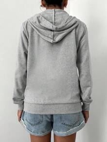 EURMUSE 100%Cotton Casual Solid Zip Up Drawstring Hoodie - Light Grey - View 2