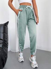 EURMUSE 95% Cotton Contrast Tape Drawstring Waist Sweatpants - Mint Green - View 6