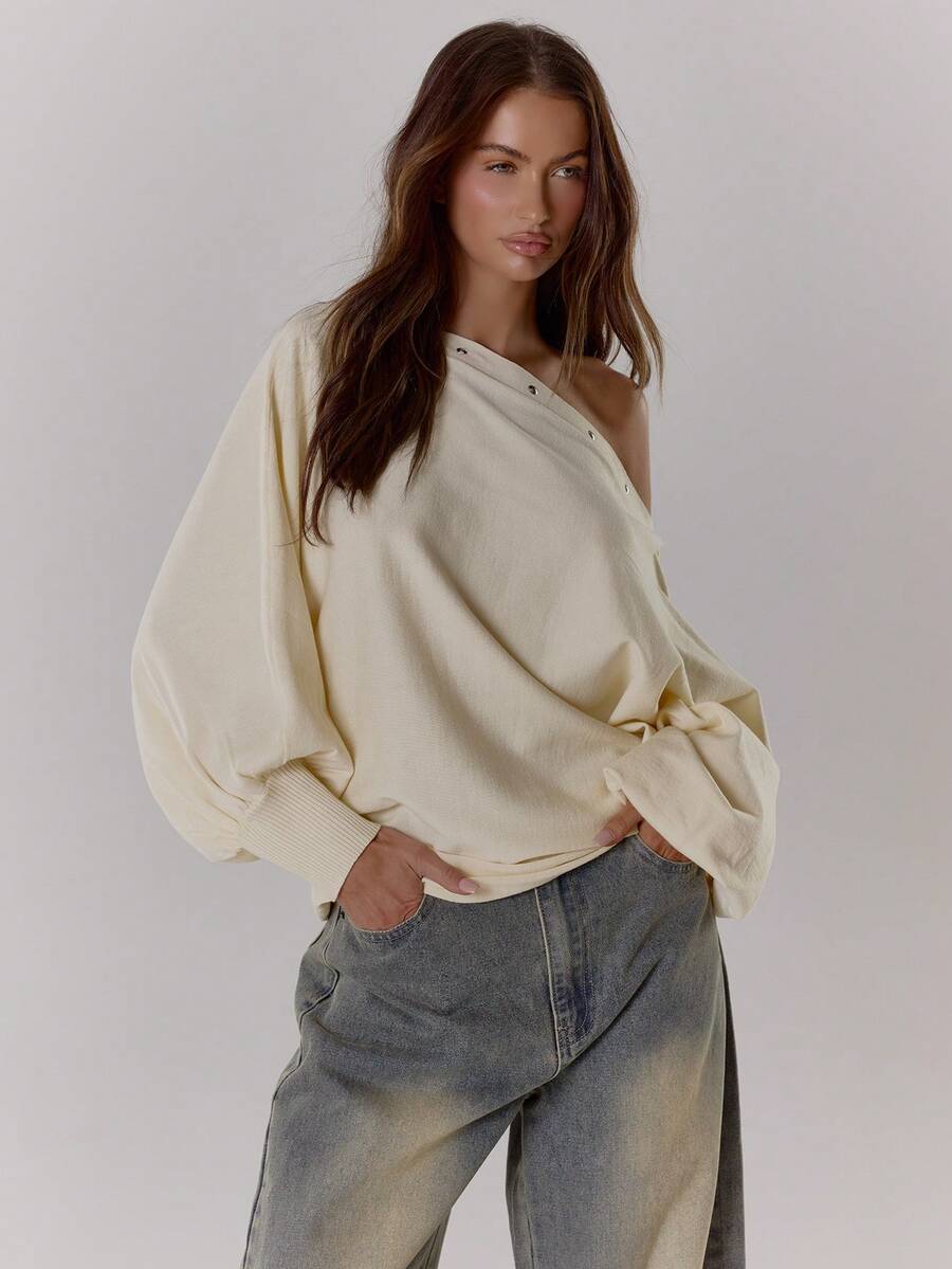 MUSERA Áo liền quần dáng rộng, vai lệch, đính đinh tán, lưng cánh, eo thắt, phong cách Y2K cá tính, đường phố, thường ngày, mùa đông xuân. - Kem - Xem 1