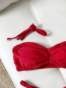 Swim Vcay 2pcs/Set Solid Color Ruched Decor Bandeau Bikini Set, Sexy Women Swimsuit For Spring/Summer Vacation Strapless Bikini Set Vacation Bikini Set Red Bikini Set Solid Color Bikini Set Tube Top With Bra Bandeau Bikini Top Strapless Shirts Strapless Bikini Tops Tube Top Bikini - Red - View 6