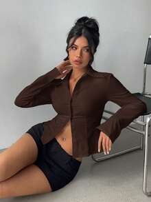 Aloruh 女士优雅棕色纯色褶皱腰身短袖/长袖衬衫，通勤、日常穿着、办公场合皆宜。 - 棕色 - 查看 3