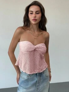 Aloruh 浪漫性感杏色扭结纹理抹胸露脐上衣（女款） - 粉色 - 查看 3