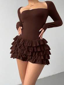 Aloruh 女士性感蝴蝶结装饰荷叶边下摆方领长袖连体衣 - 棕色 - 查看 5