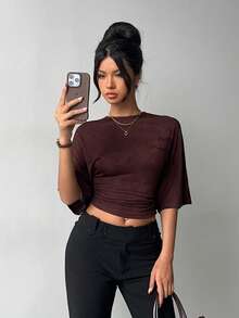 Aloruh Women's Round Neck Batwing Sleeve Ruched Cropped T-Shirt - Coffee Brown - View 6