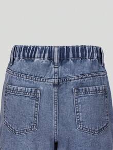 Tween Girls Y2K Style Denim Skort,Fashionable Blue Washed Summer Casual School Back-To-School Versatile Asymmetric Jean Shorts With Elastic Waistband - Dusty Blue - View 4