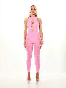 SUMWON WOMEN Seamless Halter Neck Full Length Pink Unitard With Lace Panel Cut Out Front Detail Rose Pattern Bodysuit - Hot Pink - View 4