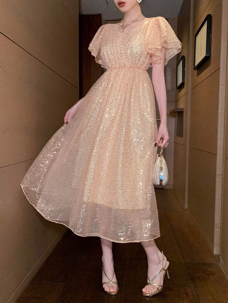 Women's Fashionable Romantic Sequin V-Neck Dress Valentine's Day Carnival Sparkly Dress Sundress