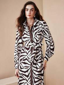 Arave 女士复古条纹翻领衬衫裙，收腰设计，优雅派对礼服 - 黑與白 - 查看 5