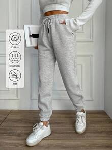 EURMUSE Cotton Ladies' Drawstring Waist Solid Color Jogging Pants - Light Grey - View 1