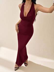 SHEIN PETITE Đầm dài nữ màu trơn, chất liệu lưới, cổ xếp ly, kiểu dáng thanh lịch, thích hợp cho các buổi hẹn hò mùa thu/đông, phù hợp cho trang phục đi nghỉ mát. - Màu đỏ tím - Xem 2