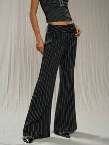 SHEIN Unity Quần tây nữ màu đen sọc, cạp thấp, cài hai hàng khuy, kiểu dáng retro, ống rộng loe, thích hợp mặc đi làm và dạo phố, mùa hè. - Đen và trắng - Xem 4