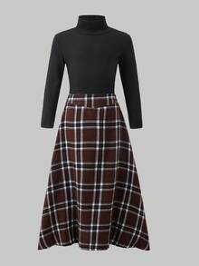 SHEIN 少女休闲纯色长袖T恤和格子裙套装，秋季 - 彩色 - 查看 3