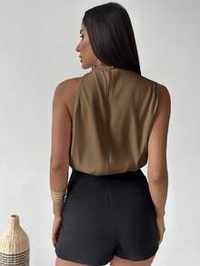 Firerie 女士优雅时尚新款通勤办公日常度假音乐节不对称褶皱杏色衬衫，春夏款 - 咖啡棕 - 查看 8