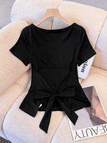 Franclia Women's Casual Round Neck Fitted Backless Tie-Up Short Sleeve T-Shirt, Versatile For Spring/Summer - Black - View 2