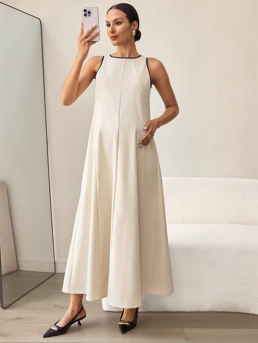 MaterniWear Đầm bầu không tay phối màu tương phản, kiểu dáng thường ngày - Màu be - Xem 1
