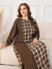 Lacomfia 休闲格子印花拼接纯色圆领长袖宽松常规春秋季加大码连衣裙 - 彩色 - 查看 5