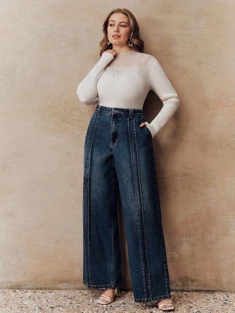 Plus Size Casual Washed Blue Patchwork Wide Leg Jeans