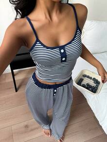 ZzzCrew Summer Decorative Button Striped Print Bodycon Knit Camisole & Pants Set, Sexy Style - Navy Blue - View 4