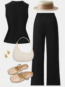 Girlism Everyday Casual Teen Girls Black Tank Top Co-Ord With Starfish Button Details And Long Straight Pants - Black - View 2