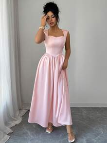 SHEIN Elenzya Đầm nữ màu hồng, chất liệu mềm mại, dáng xòe, cổ bất đối xứng, eo thắt, thích hợp làm quà sinh nhật, hẹn hò, dự tiệc, các dịp trang trọng, đám cưới, ngày Valentine, và là món đồ thời trang thiết yếu cho mùa xuân/hè. - Hồng - Xem 3