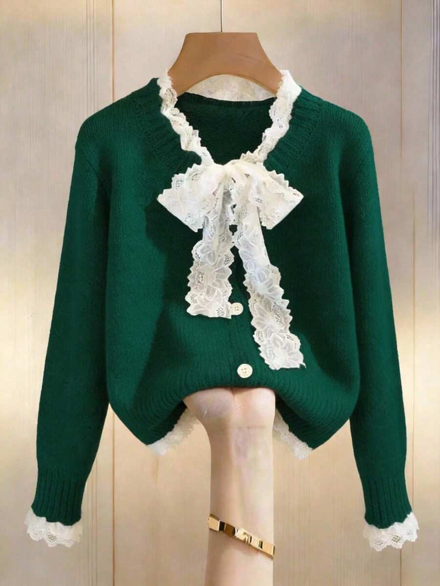 Franclia Women's Stylish Lace-Up Loose Knit Cardigan - Dark Green - View 1