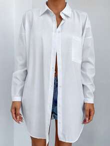 EURMUSE Cotton Solid Drop Shoulder Pocket Patched Shirt - White - View 3
