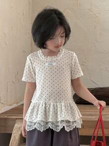 DAZY Young Girl Round Neck Short Sleeve Polka Dot Lace Trim T-Shirt, Summer - Beige - View 5