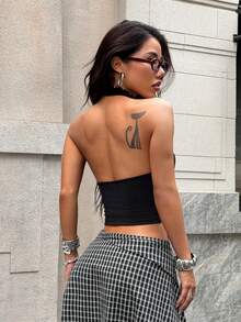 Muchica 1pc Women's Black Knit Halter Neck Tank Top - Black - View 2