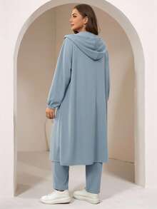 Mulvari 2pcs/Set Plus Size Casual Slogan Print Hoodie Jacket And Pants Outfit, Autumn 2 Pieces Set - Dusty Blue - View 2