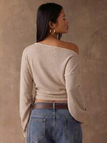 SHEIN BAE 女士休闲纯色褶皱肩长袖T恤，秋季款 - 杏色 - 查看 2