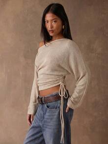 SHEIN BAE 女士休闲纯色褶皱肩长袖T恤，秋季款 - 杏色 - 查看 5