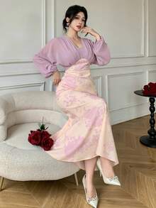 DAZY Robe longue plissée élégante à couleurs contrastées pour femmes, printemps/été - Parme - Voir 8