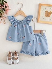 Vintaside Kids Baby Girls' 2-Piece Summer Set, Charming & Cute French Countryside Style, Cap Sleeve Top + Floral Embroidered Ruffle Hem Shorts, Soft Fabric, Versatile Outfit, Pairs Well With Sandals & Sunscreen, Perfect For Outings And Photo Shoots, Ideal For Little Princesses - Light Wash - View 3