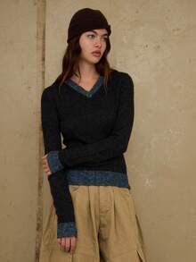 COUREZ 缩水V领套头衫/Y2K秋冬女装休闲外出上衣女式冬季毛衣新年穿搭 - 黑色 - 查看 7