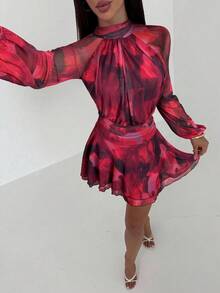 Aloruh 女士秋冬新款长袖修身A字伞裙，适合年轻休闲/约会/外出/教师穿着，浪漫紫色扎染网纱印花立领系腰连衣裙 - 酒紅色 - 查看 6