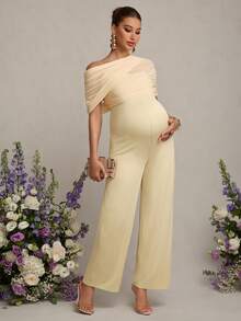 MaterniChic Pregnant Women's Elegant Contrast Mesh Ruffle Jumpsuit, Summer - White - View 5