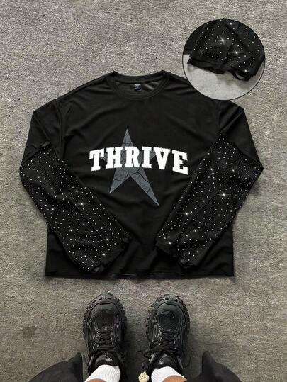 Herren 2-in-1 Langarm T-Shirt mit funkelnden Diamanten, Rissen, Buchstaben- und Sternenmuster