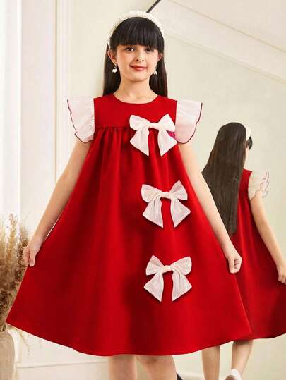 SHEIN Tween Girl Color Block Bow Accent Flutter Sleeve A-Line Dress, Round Neck Flutter Sleeve Dress
