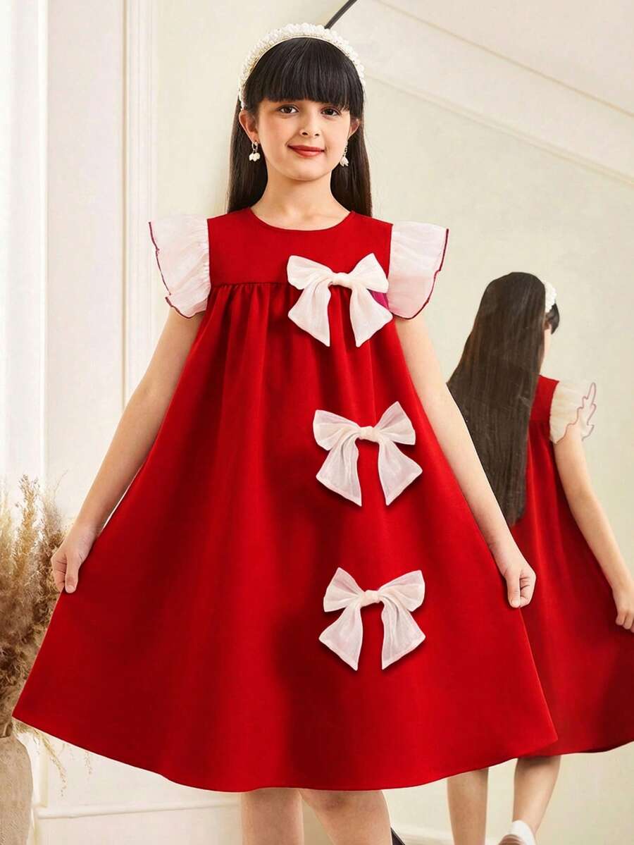 SHEIN Tween Girl Color Block Bow Accent Flutter Sleeve A-Line Dress, Round Neck Flutter Sleeve Dress - Red - View 1