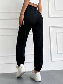 Cloudara Solid Drawstring Waist Slant Pocket Joggers - Black - View 2