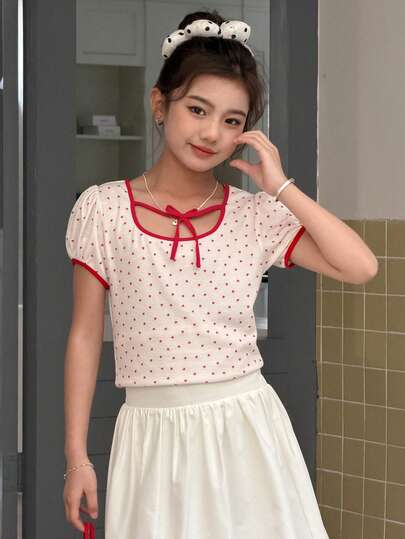 DAZY 少女波点系带休闲短袖T恤，秋季款