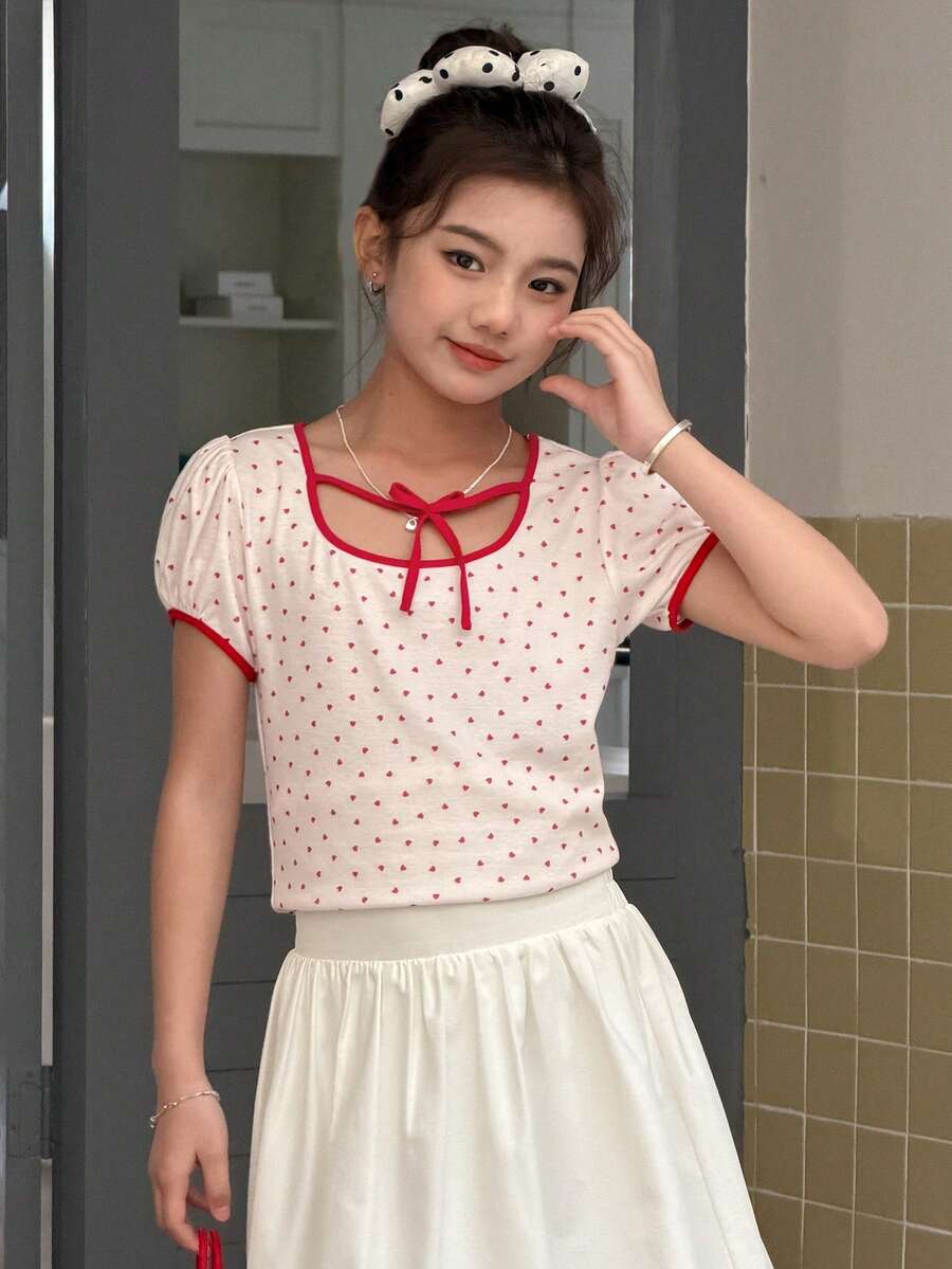 DAZY 少女波点系带休闲短袖T恤，秋夏季 - 米色 - 查看 1