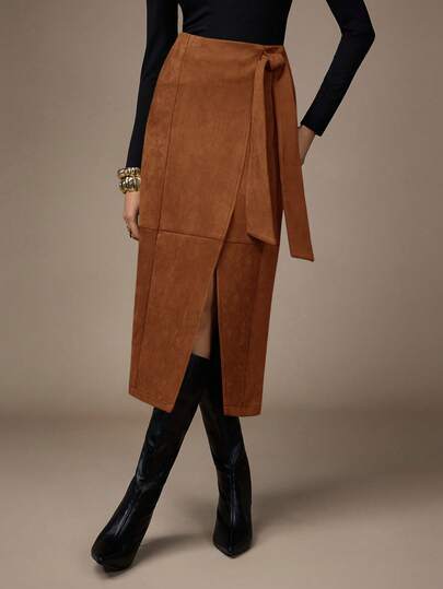 NOVVYNE 女士纯色系带裹身百搭时尚半身裙