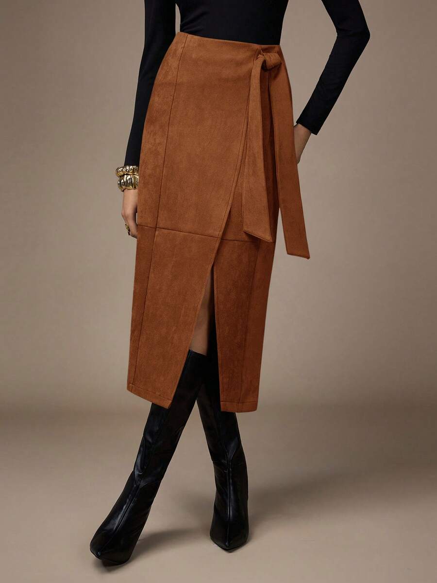 NOVVYNE 女士纯色系带裹身百搭时尚半身裙 - 棕色 - 查看 1